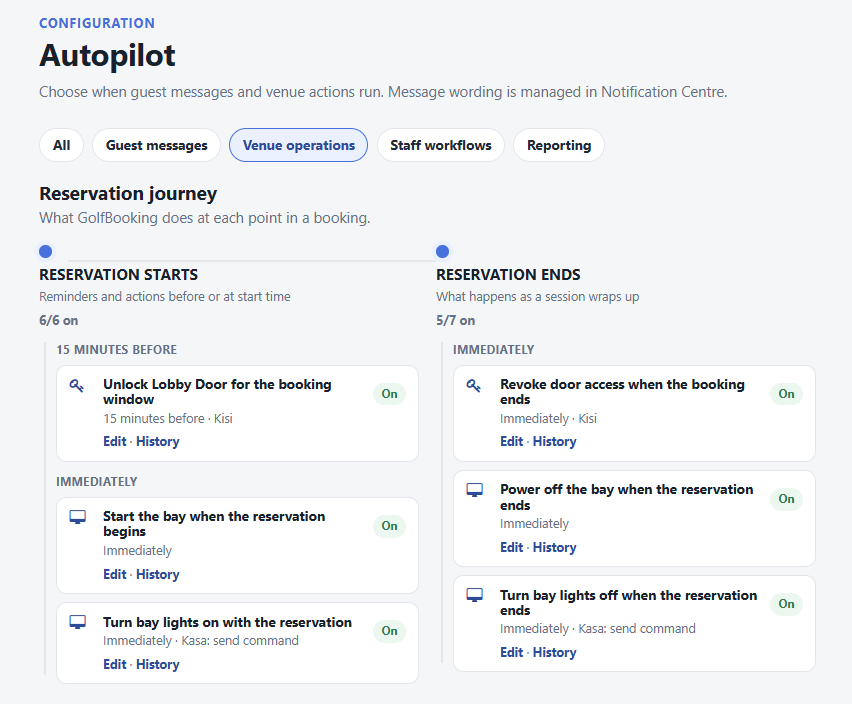 GolfBooking Autopilot venue operations that unlock doors, start bays, and control lights