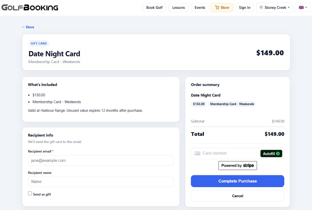 GolfBooking store checkout for a Date Night Card gift card with a $150 balance and a recipient email
