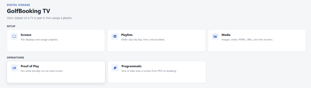 GolfBooking TV setup for screens, playlists, media, and proof of play