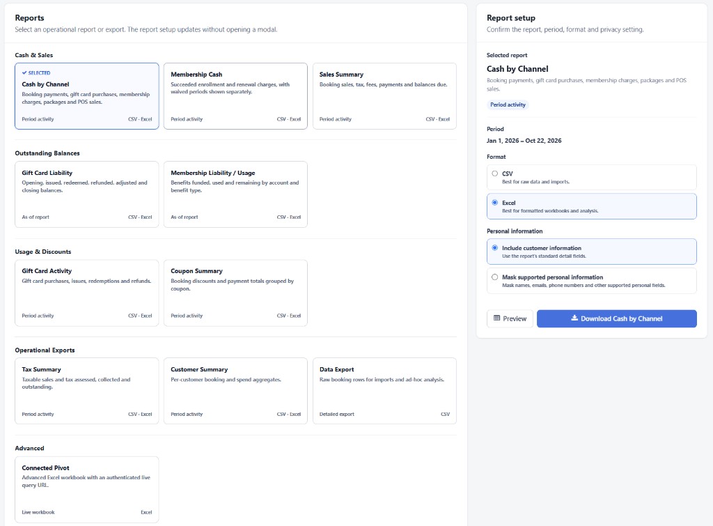 GolfBooking reports with Cash by Channel selected, an Excel download, and a personal information setting