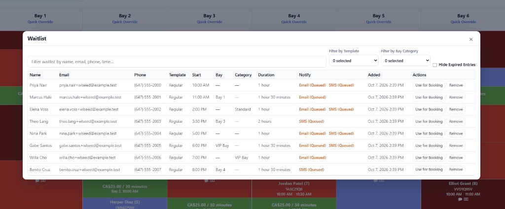 GolfBooking admin waiting list open over the booking sheet